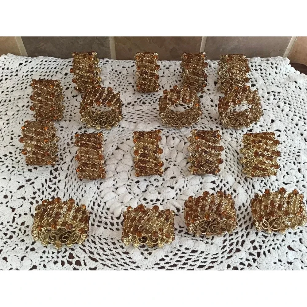 Vintage Gold Filigree Amber Colored Beaded Napkin Rings 17 Boho‎ Whimsical Party